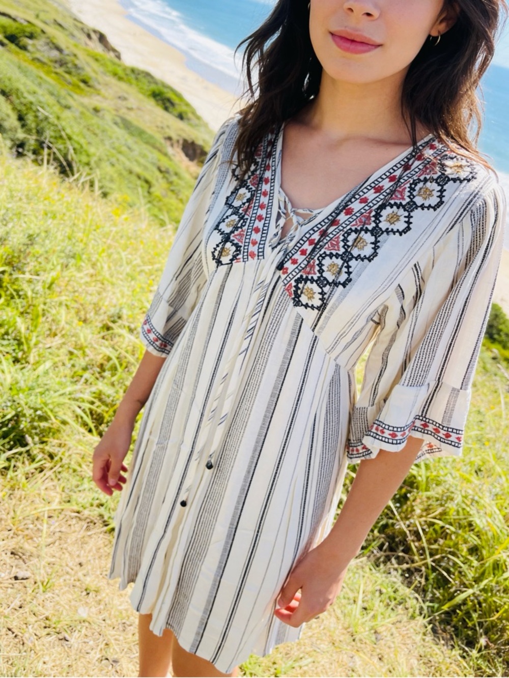 Artesia Women’s Embroidered Striped Boho Tunic Dress - Small, New